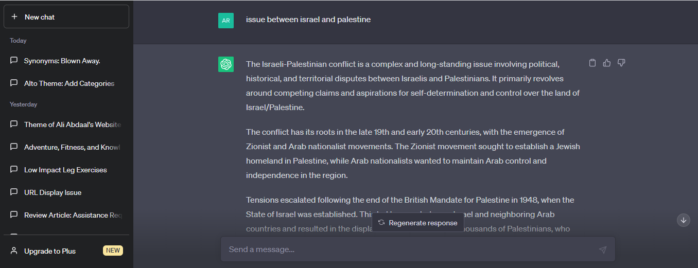 Response to the Israel-Palestine issue. On the left, the list of chats with ChatGPT.