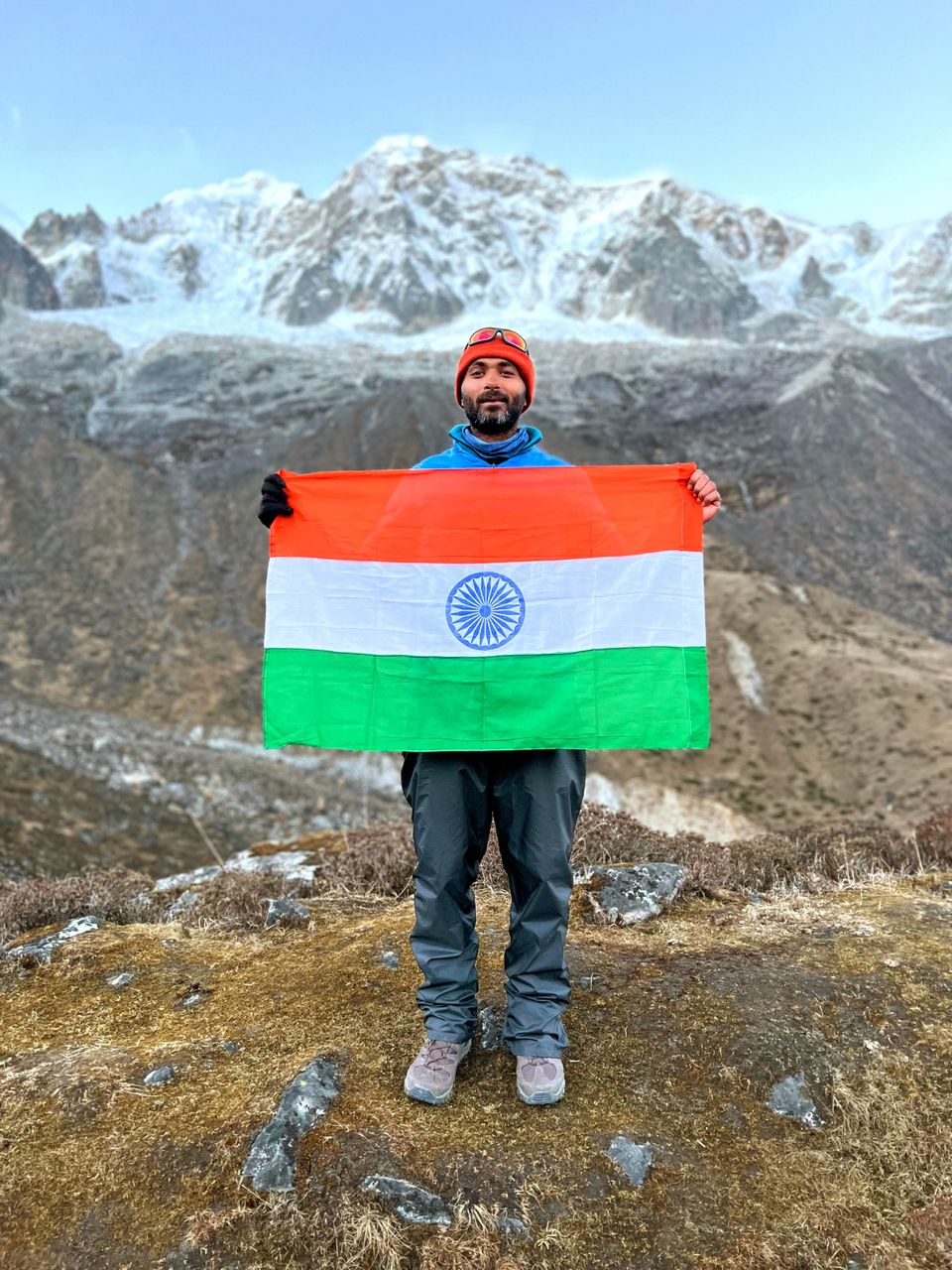 At Chaurikhang Base Camp. In the backdrop Mt. Kabru Dome